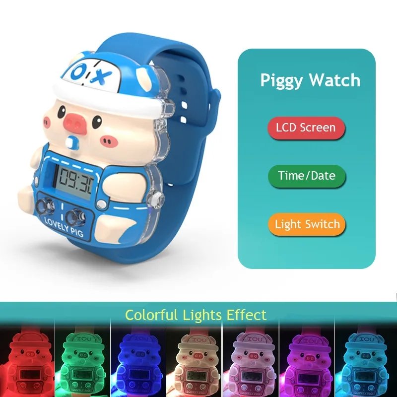 Kids Sports Watch Toys Cartoon Piggy Cute Children Digital Watches Colorful Lights Electronic Watch Boys Girls Christmas Gifts