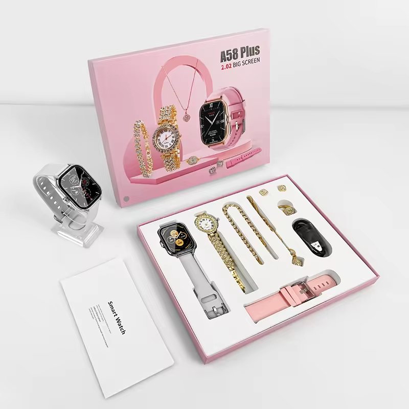A58 Plus 2024 Women's Luxury Gold Watch Unique Gift Set Jewellery Gold Necklace Ring Double Band Smart Watch i20