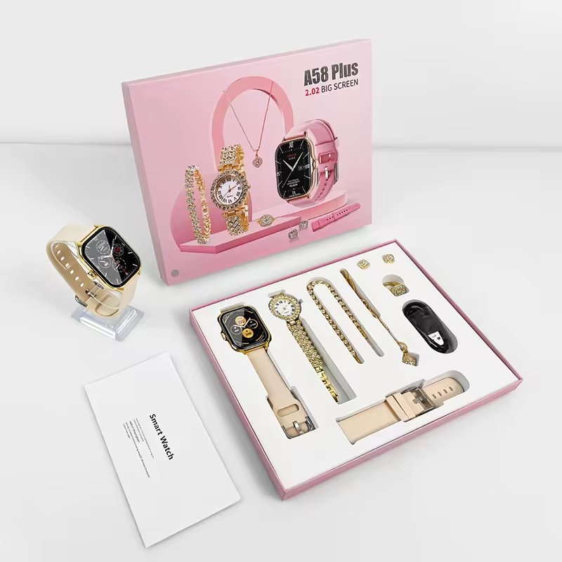 A58 Plus 2024 Women's Luxury Gold Watch Unique Gift Set Jewellery Gold Necklace Ring Double Band Smart Watch i20