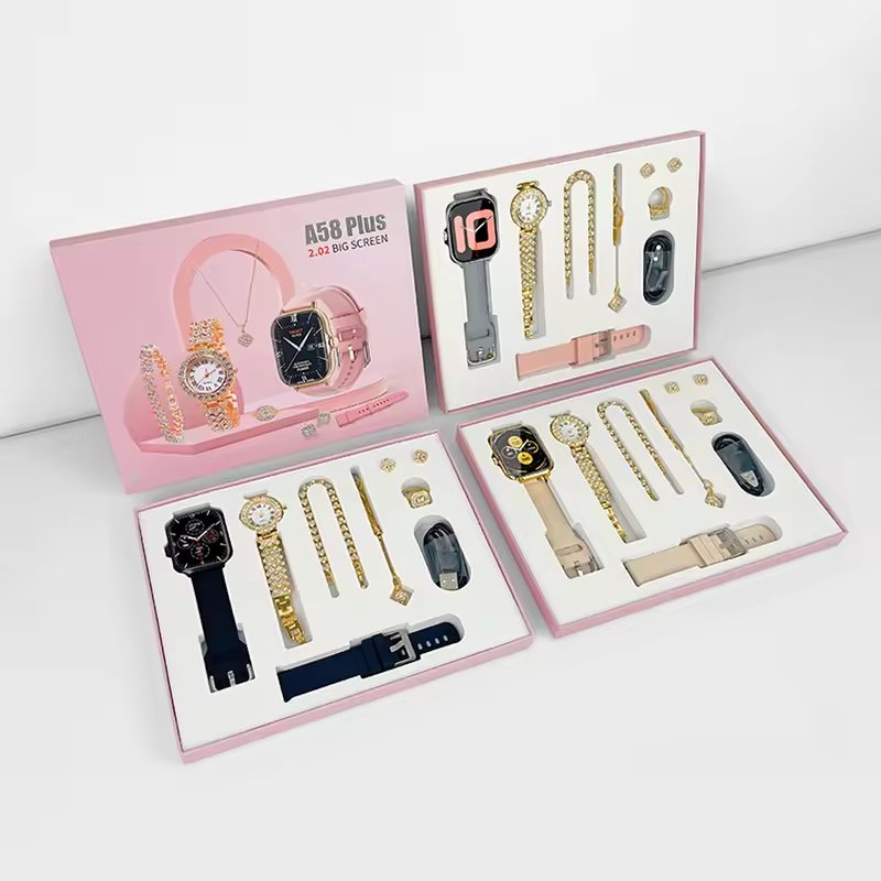 A58 Plus 2024 Women's Luxury Gold Watch Unique Gift Set Jewellery Gold Necklace Ring Double Band Smart Watch i20