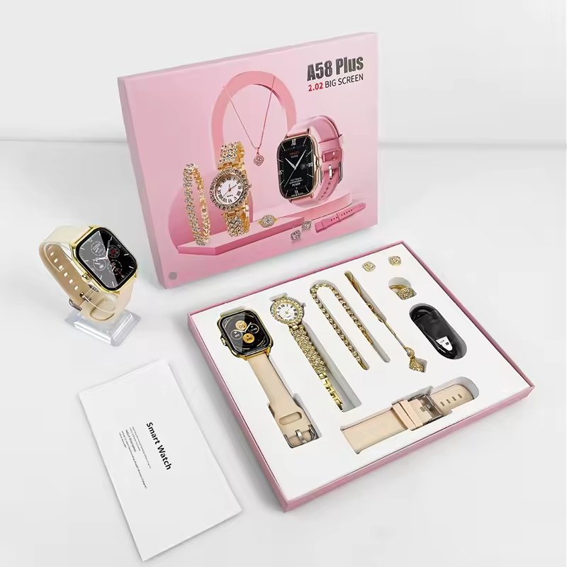 A58 Plus 2024 Women's Luxury Gold Watch Unique Gift Set Jewellery Gold Necklace Ring Double Band Smart Watch i20