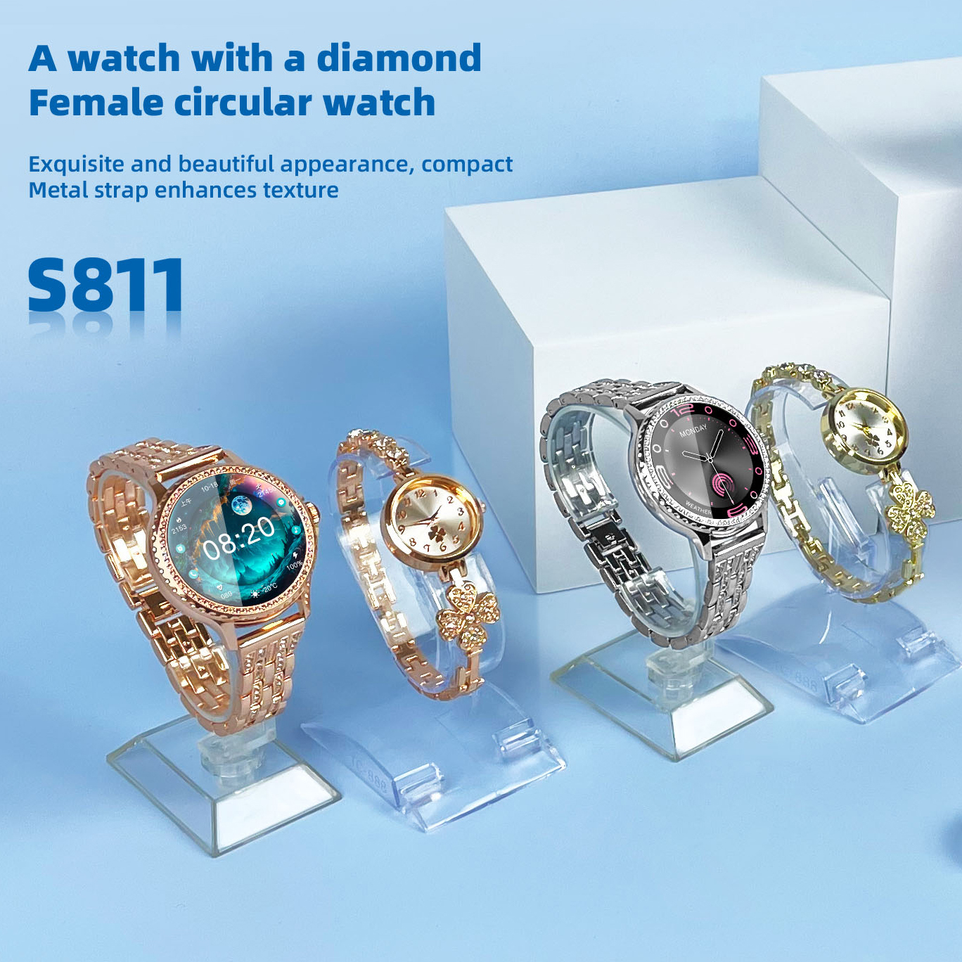 Luxury Jewelry 6 in 1 Set Smartwatch Gift Box Necklace Earring Ring Bracelet Women Watches Smart Watch For Lady