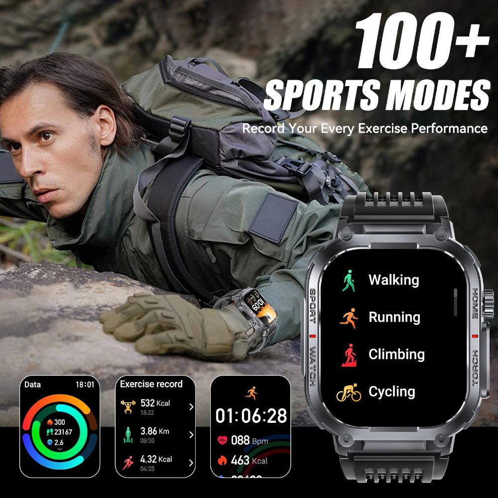 Customized 3ATM Waterproof Women Fitness Tracker Smartwatch Men Outdoor Rugged Sport Smart Watch with Compass and LED Flashlight