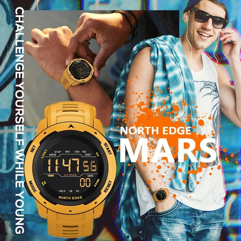 NORTH EDGE Mens Smart Watch Dual Time Running Pedometer Countdown Waterproof 50m Digital Alarm Clock Women Sportswatch Reloj