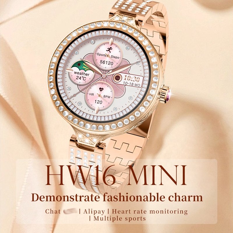 HW16 Mini Luxury Women Smart Watch 1.35" HD Round Screen Wrist Watch Fitness Tracker Fashion Smartwatch with Bracelet Earring