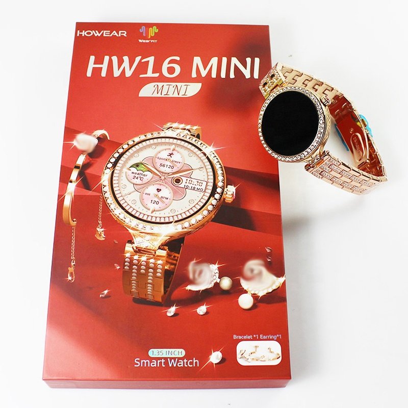 HW16 Mini Luxury Women Smart Watch 1.35" HD Round Screen Wrist Watch Fitness Tracker Fashion Smartwatch with Bracelet Earring