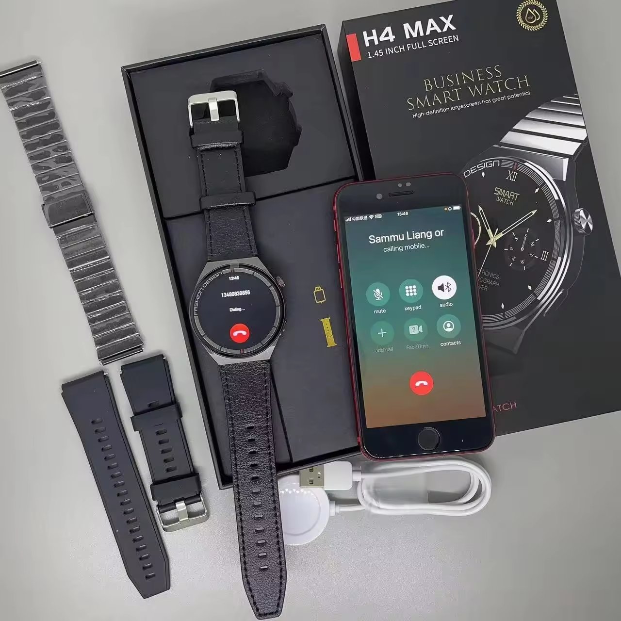 H4 MAX Smart Watch Men Waterproof BT Calling 1.43inch Amoled Screen Health Monitoring Sports Modes Voice Assistant Smartwatch