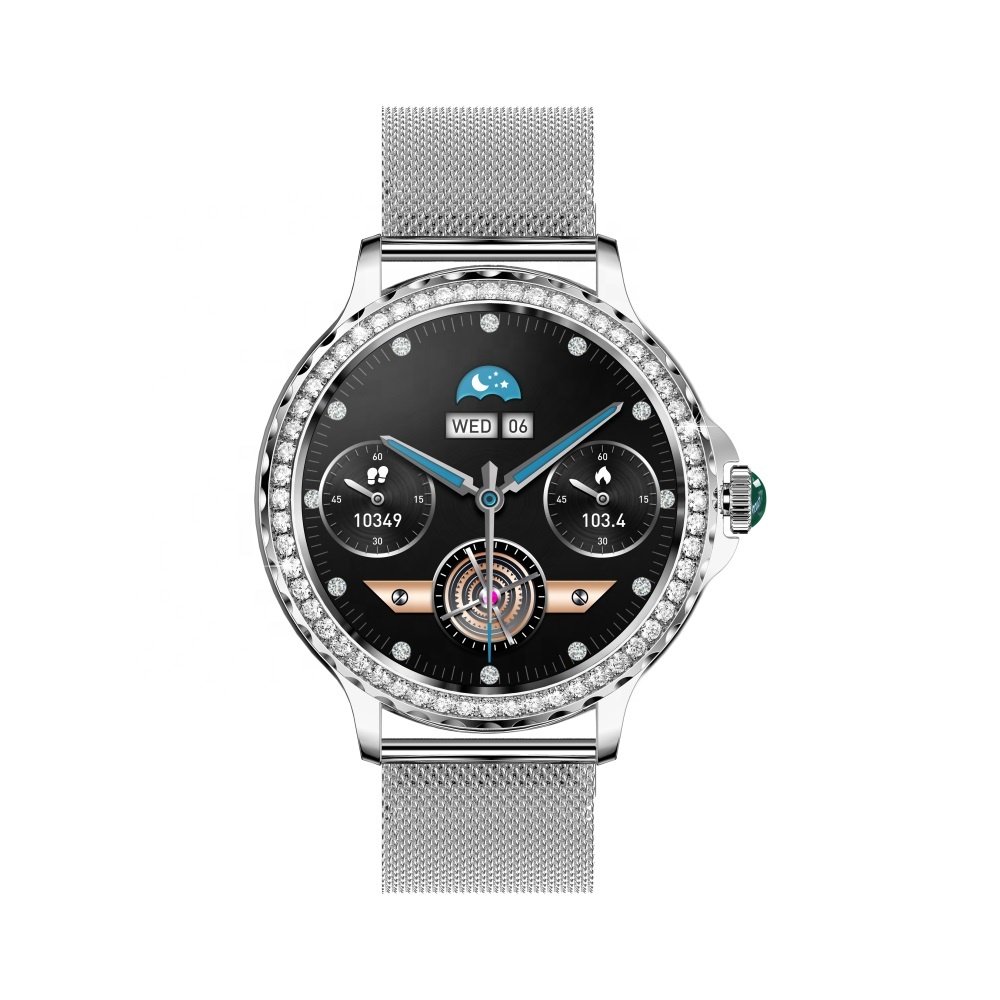 NX19 Fashion Ladies Diamond-studded Smart Watch 1.3" IPS Screen BT Call Smart Watch with Silicone + Milanese steel double strap
