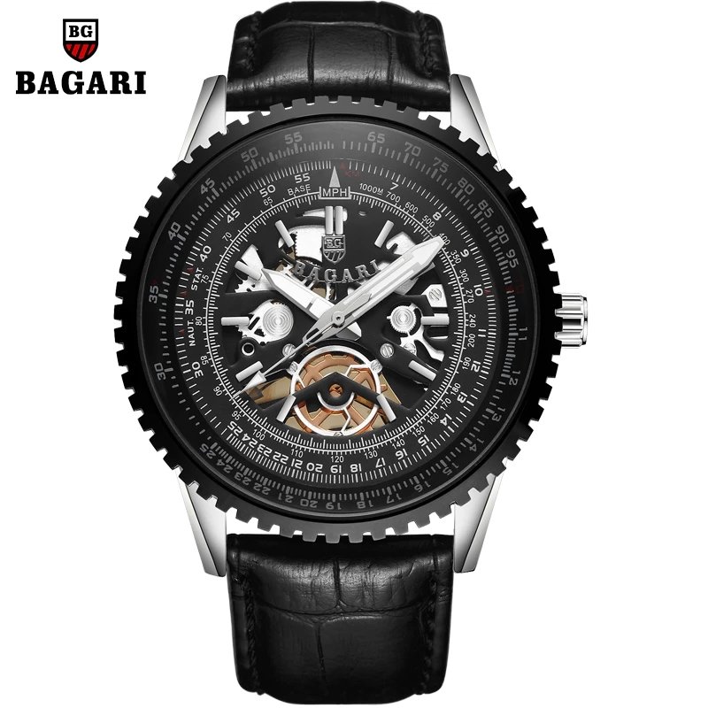 BAGARI 1680 accurate blue man mechanical watch genius PU leather strap Waterproof best Simple smart watch set