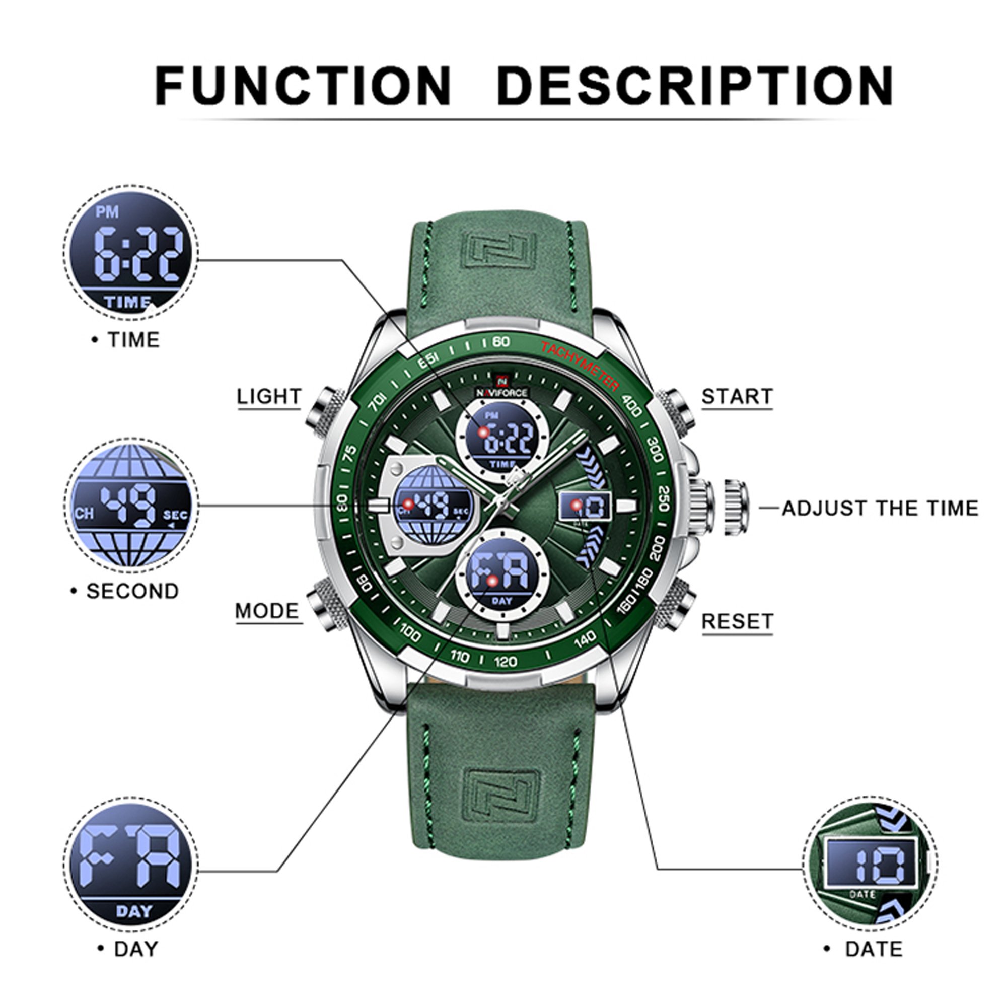 NAVIFORCE Watch For Men Leather Watches Casual Fashion Waterproof Digital Display With Calendar Chronograph Wristwatch NF9197L