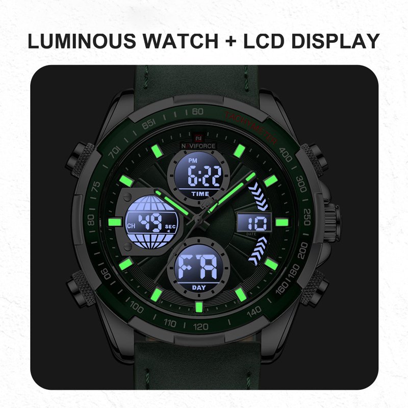 NAVIFORCE Watch For Men Leather Watches Casual Fashion Waterproof Digital Display With Calendar Chronograph Wristwatch NF9197L