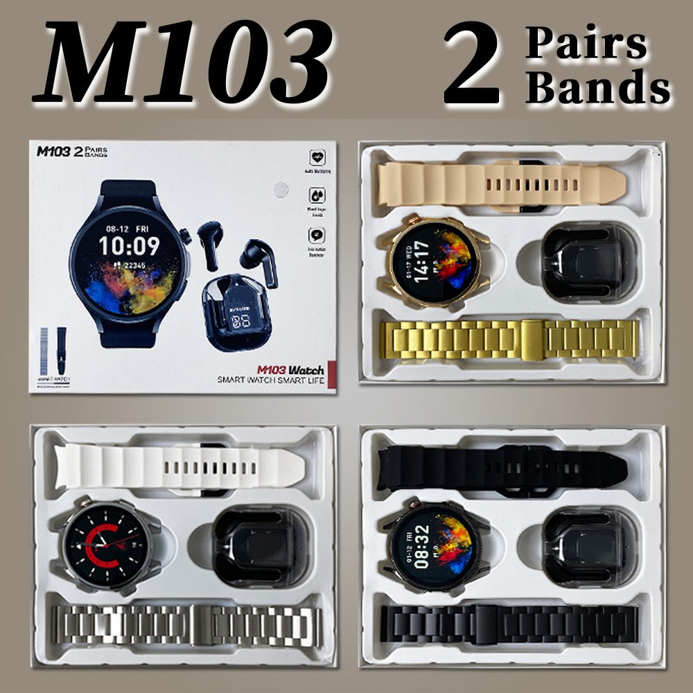 2024 HYX M103 Smartwatch Health monitoring men women fitness monitor 1.5inch round smart watch with earbuds and double straps