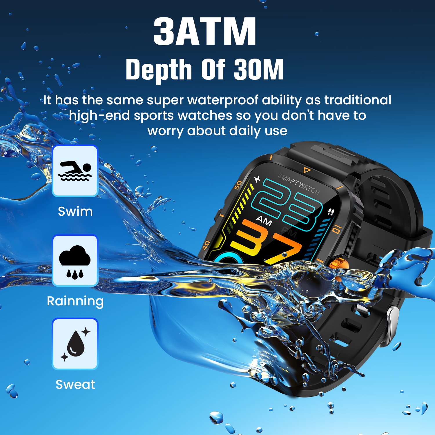 Hot Sale 3ATM IP68 Outdoor Sport Smart Watch Running Swimming Health Monitor KT71 Design your Own Logo Screen Smart Watches