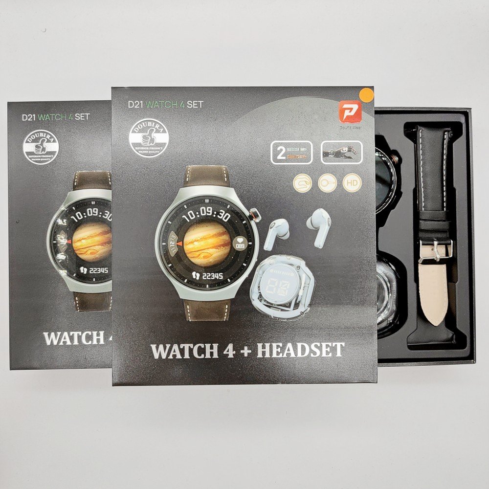 2024 Men Smart Watch Leather Strap Health Monitoring Bluetooth Call Waterproof 1.28 Inch Round Screen Dual Strap Smart Watch D21