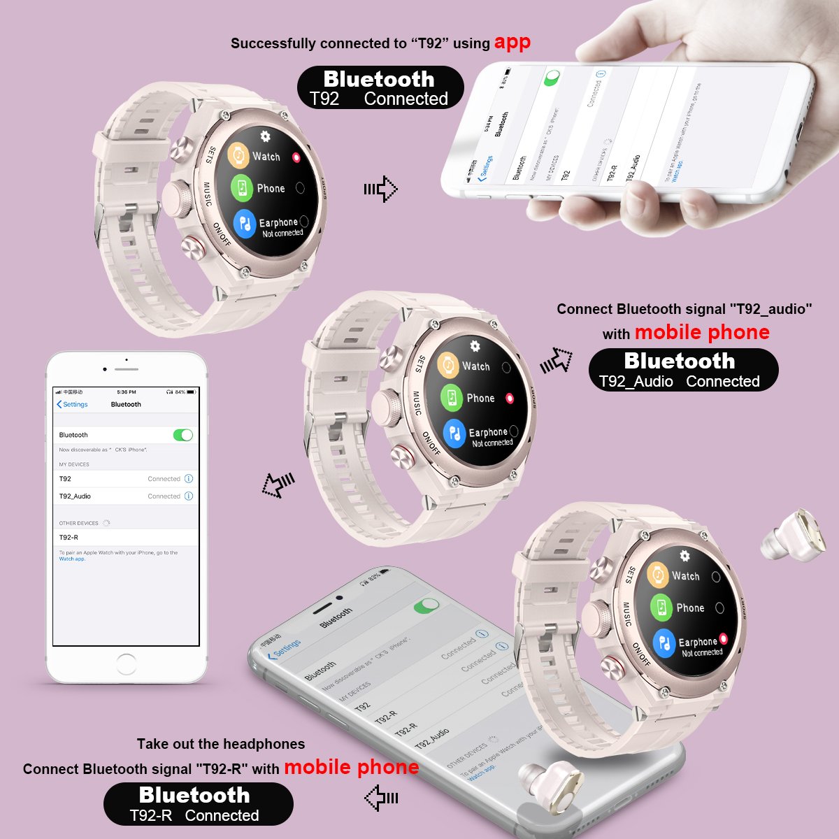 T92 Smart Watch TWS Wireless Headphone Call Music Heart Rate Blood Pressure DIY Watch Face Waterproof Sports Smartwatch