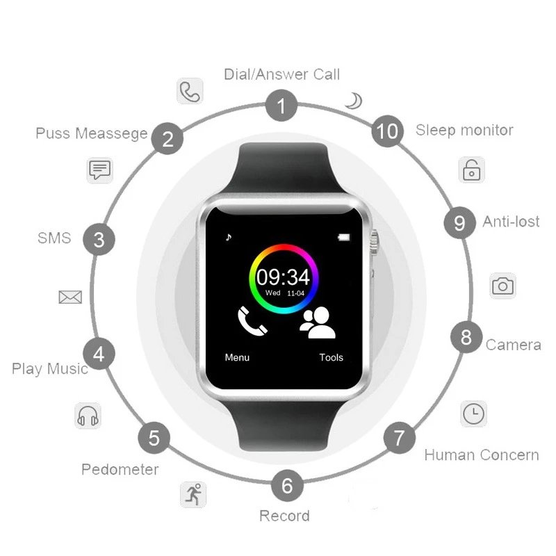 Factory Blue tooth Smart Watch Sports Pedometer SIM Camera A1 Smartwatch For Android Phone A1 SIM Card Sports Smart Watch