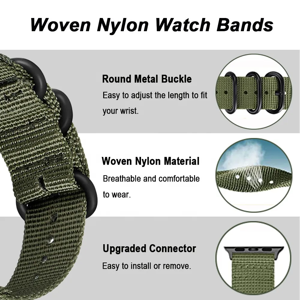3 Rings Adjustable Nylon Loop Sport Nylon Watch Band Fabric Strap for Smart Watch 20mm 22mm Replacement Quick Release Bracelet