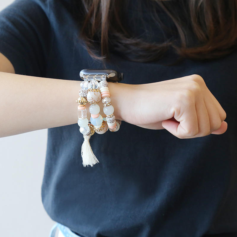 Crystal Bead stone Luxury Women Band Charms Gift Boho Strap Bracelet Beaded Smart Watch Band For Apple Watch 9 8