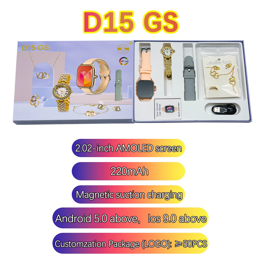 New D15 GS Smart Watches Suit Full Touch Screen Sleep Monitoring Sport Bracelet With Jewelry Earrings Necklaces Ring Wearing