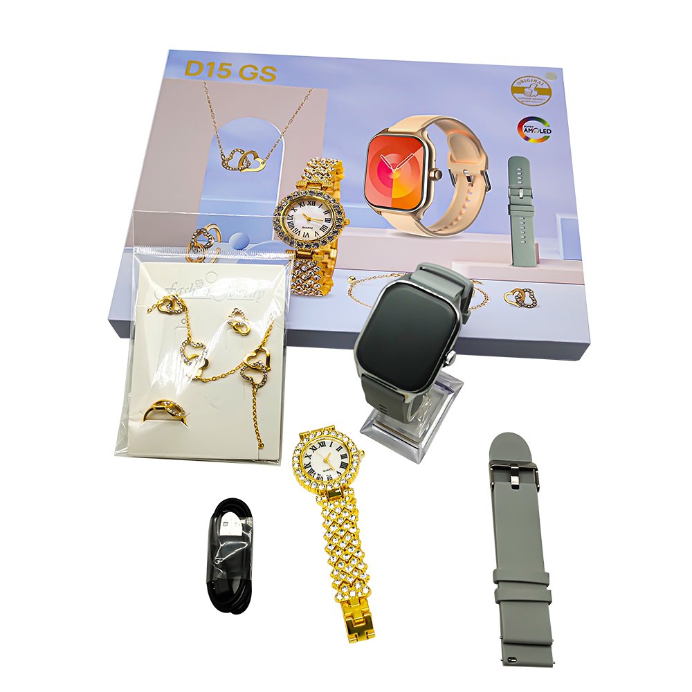 New D15 GS Smart Watches Suit Full Touch Screen Sleep Monitoring Sport Bracelet With Jewelry Earrings Necklaces Ring Wearing