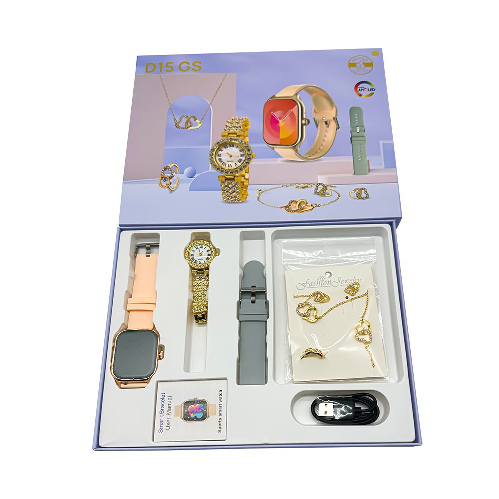 New D15 GS Smart Watches Suit Full Touch Screen Sleep Monitoring Sport Bracelet With Jewelry Earrings Necklaces Ring Wearing
