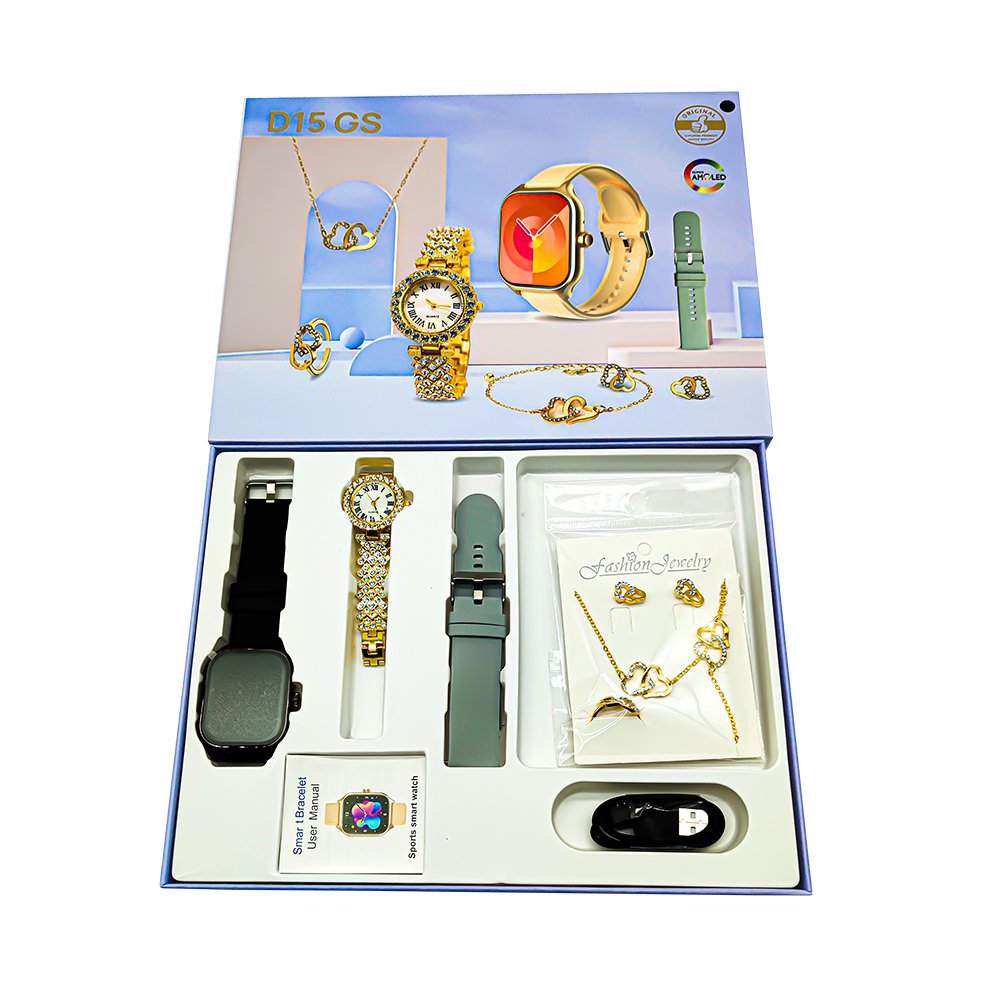 New D15 GS Smart Watches Suit Full Touch Screen Sleep Monitoring Sport Bracelet With Jewelry Earrings Necklaces Ring Wearing