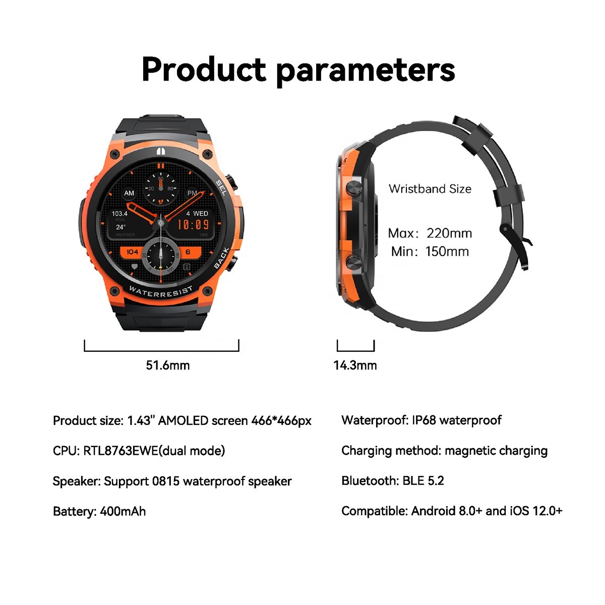 DM55 Outdoor Sport Smart Watch IP68 Waterproof BT Music Call Blood Oxygen 400mAh Battery Health Tracker for Android iOS