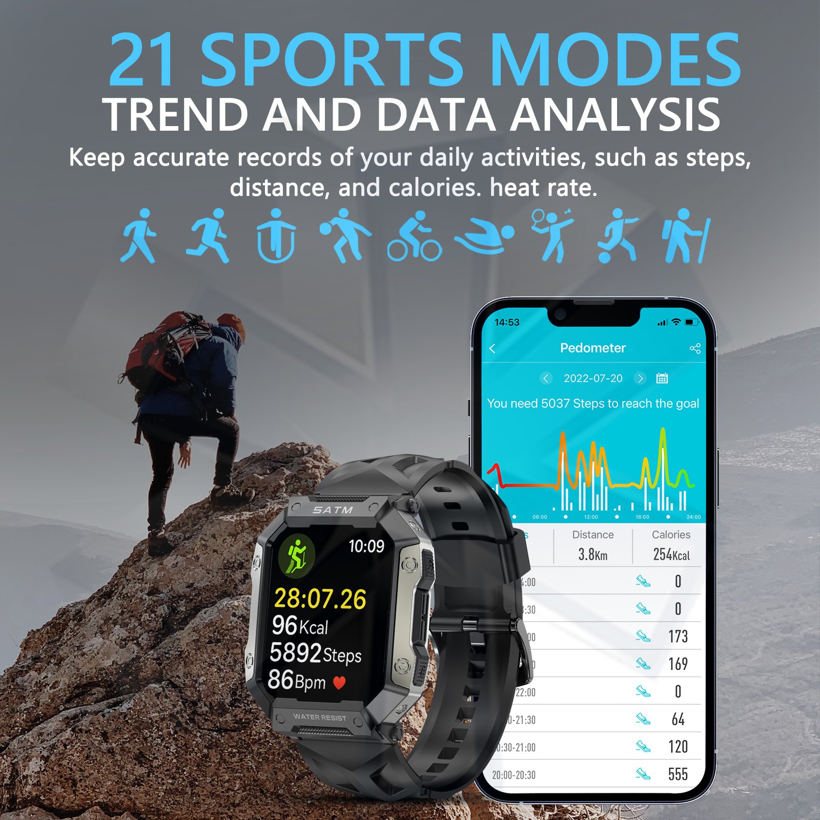 1.92" Rugged Smart Watch PG333 Phone Calling Outdoor Smartwatch Long Battery Fitness Tracker 5ATM waterproof Reloj Inteligente