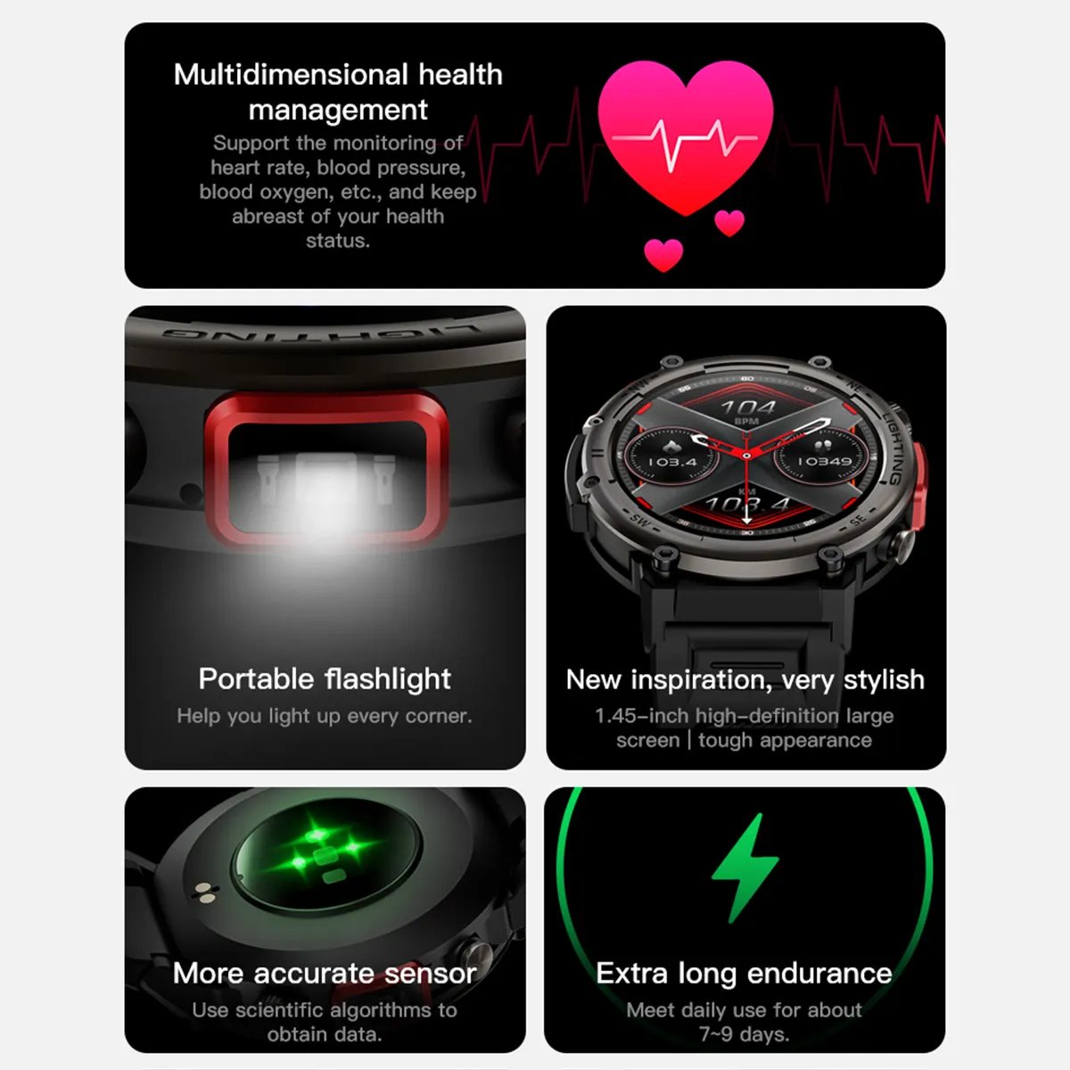 Smart Watch for Men IP68 Waterproof Large Memory Large Battery Fitness Tracker Health Android Sport Watch OEM Outdoor Sports Bar