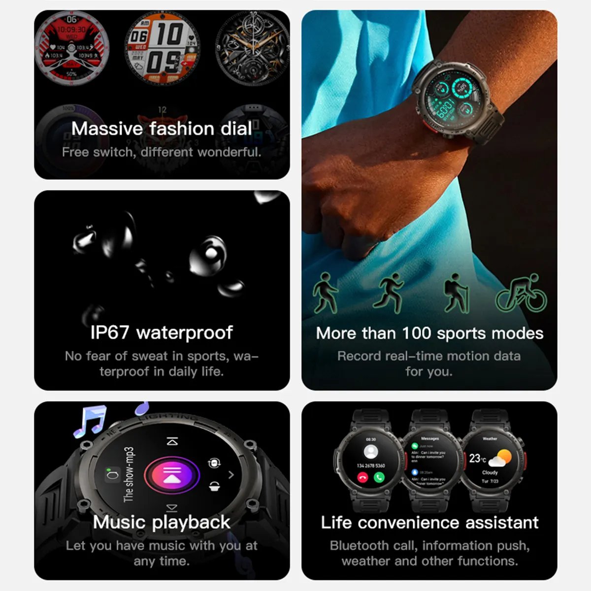 Smart Watch for Men IP68 Waterproof Large Memory Large Battery Fitness Tracker Health Android Sport Watch OEM Outdoor Sports Bar