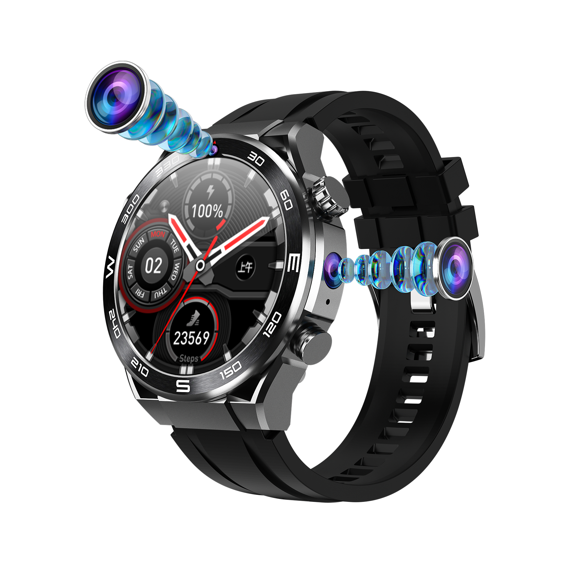 4G smartwatch 1.508" Wifi nano sim card Front+Side Dual Cameras Video call SOS Call NFC GPS Playstore B8 AMOLED smart watch