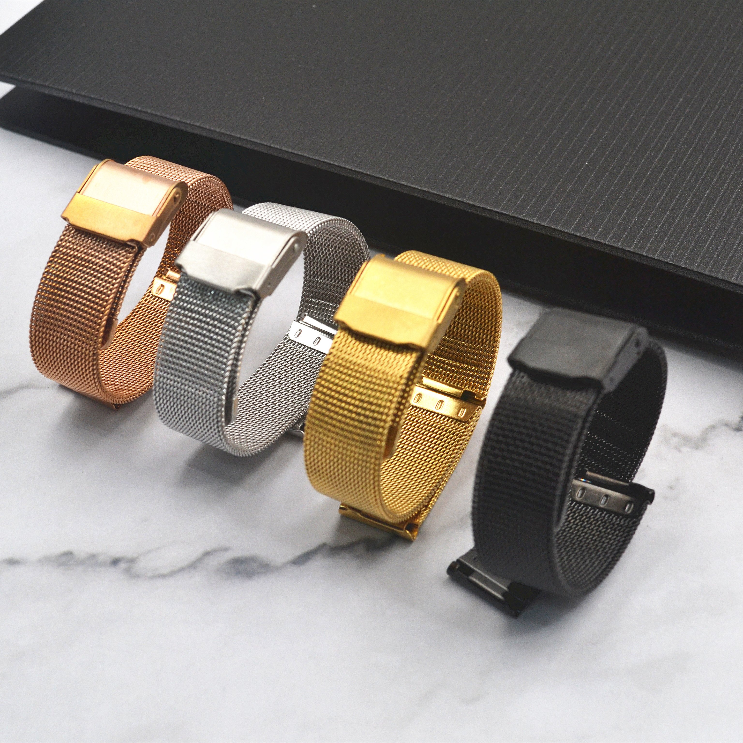 New product 0.4mm wire black stainless steel mesh watch band with safty buckle for smart bracelet smart watch 14 - 22mm