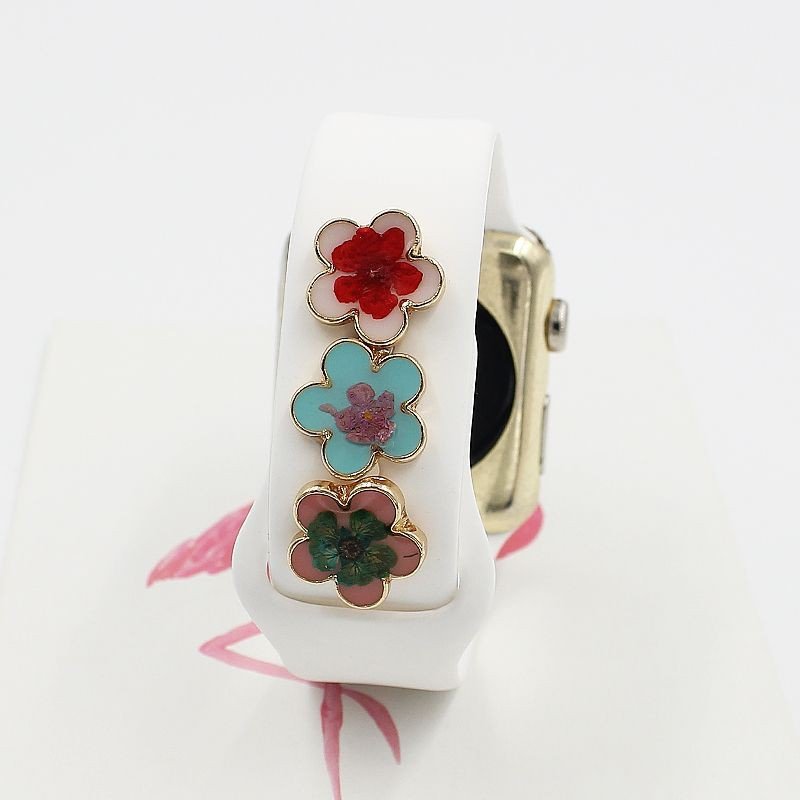 New For Apple Watch Band Metal Charms Decorative Drop Glaze Flower Ring Diamond Ornament Smart Watch Silicone Strap Accessories