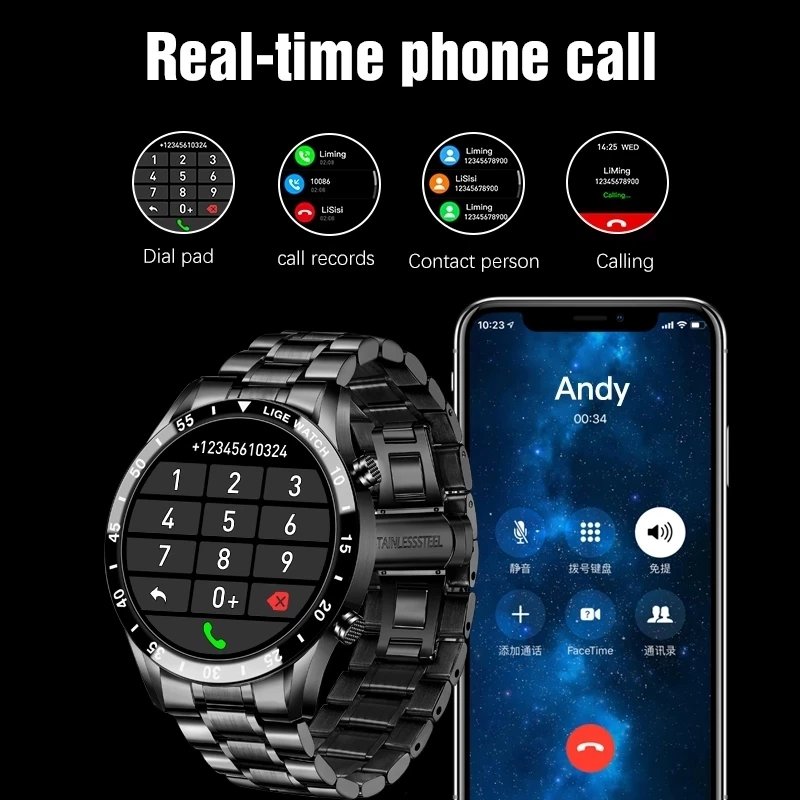 LIGE Top Business Smartwatch Sport Men's Watch Sport Heart Rate Monitoring IP67 Waterproof Smart Watch for Men
