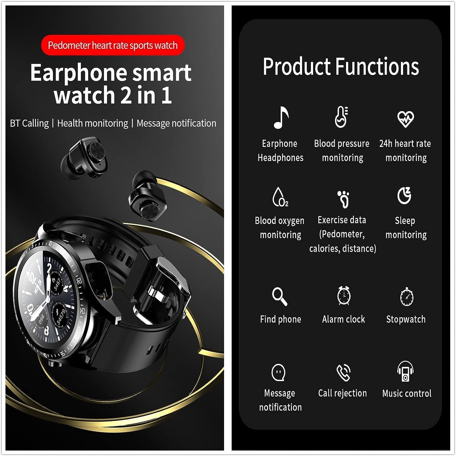 2 in 1 Smart Watch with Earbuds 1.28" Screen Sports Fitness Tracker Blood Pressure Heart Rate Monitor for Android Phones