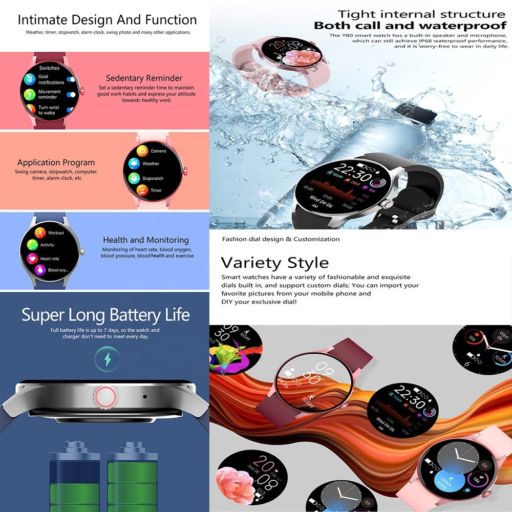 Y80 2024 new model smart watches fitness tracker heart rate android IP68 waterproof round woman men smart watch