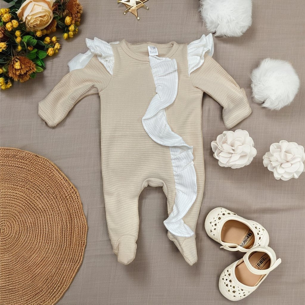 Newborn Infant Girls Clothes Solid Color Cotton Waffle Basic Zip Baby Rompers Organic Cotton Ruffle Baby Jumpsuit Full Cute