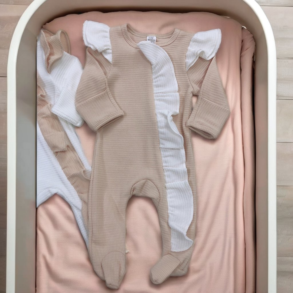 Newborn Infant Girls Clothes Solid Color Cotton Waffle Basic Zip Baby Rompers Organic Cotton Ruffle Baby Jumpsuit Full Cute