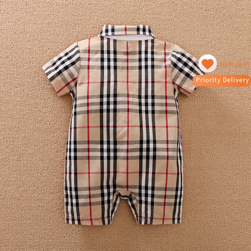 Wholesale Cute Plaid Print Gentleman Style New Born Short Sleeve Cotton Baby Clothes Baby Rompers for Summer