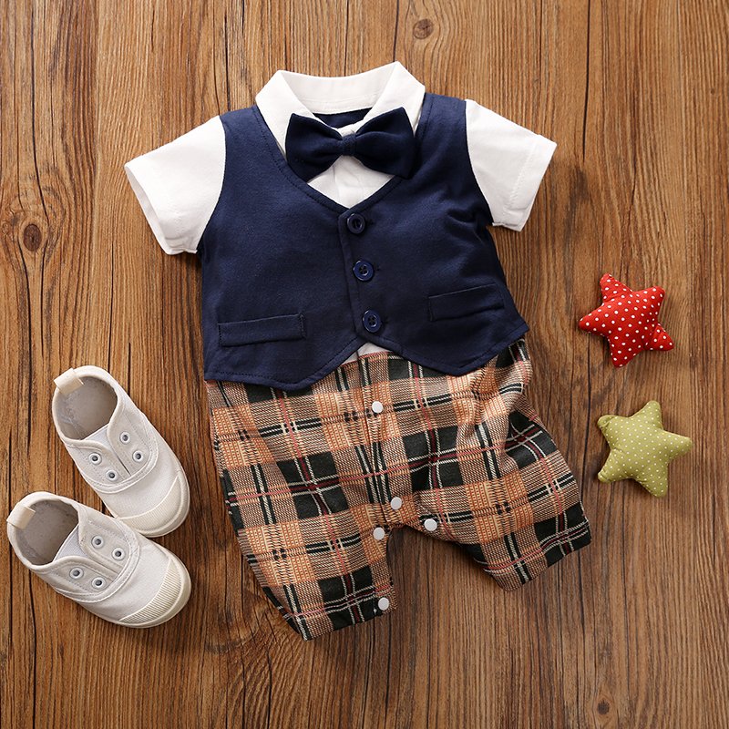 Wholesale Cute Plaid Print Gentleman Style New Born Short Sleeve Cotton Baby Clothes Baby Rompers for Summer