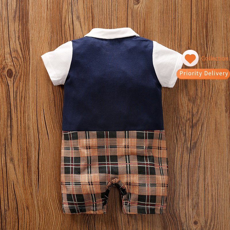 Wholesale Cute Plaid Print Gentleman Style New Born Short Sleeve Cotton Baby Clothes Baby Rompers for Summer