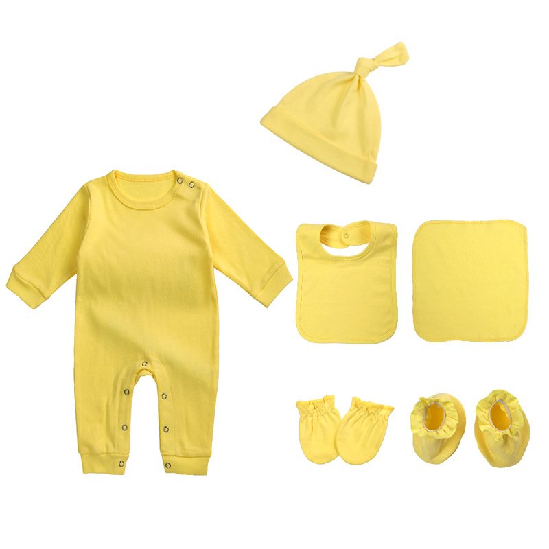 Custom made logo infant one-piece jumpsuit clothes cotton baby girl's boy's romper bib shoes gloves 6 piece set