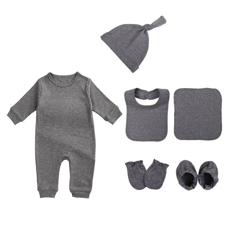 Custom made logo infant one-piece jumpsuit clothes cotton baby girl's boy's romper bib shoes gloves 6 piece set