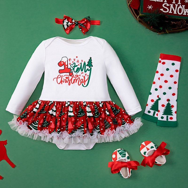 2024 Hot Sale Baby Christmas Holiday Costume 4 pcs Set Newborn Romper Button Baby Rompers Organic Cotton