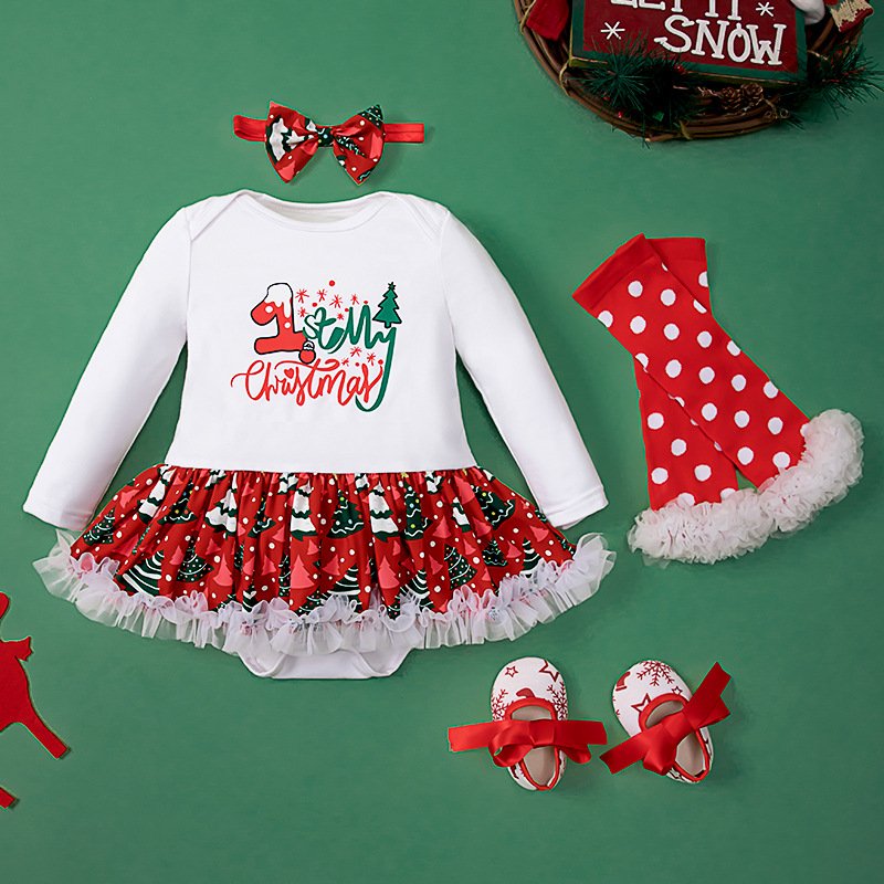 2024 Hot Sale Baby Christmas Holiday Costume 4 pcs Set Newborn Romper Button Baby Rompers Organic Cotton