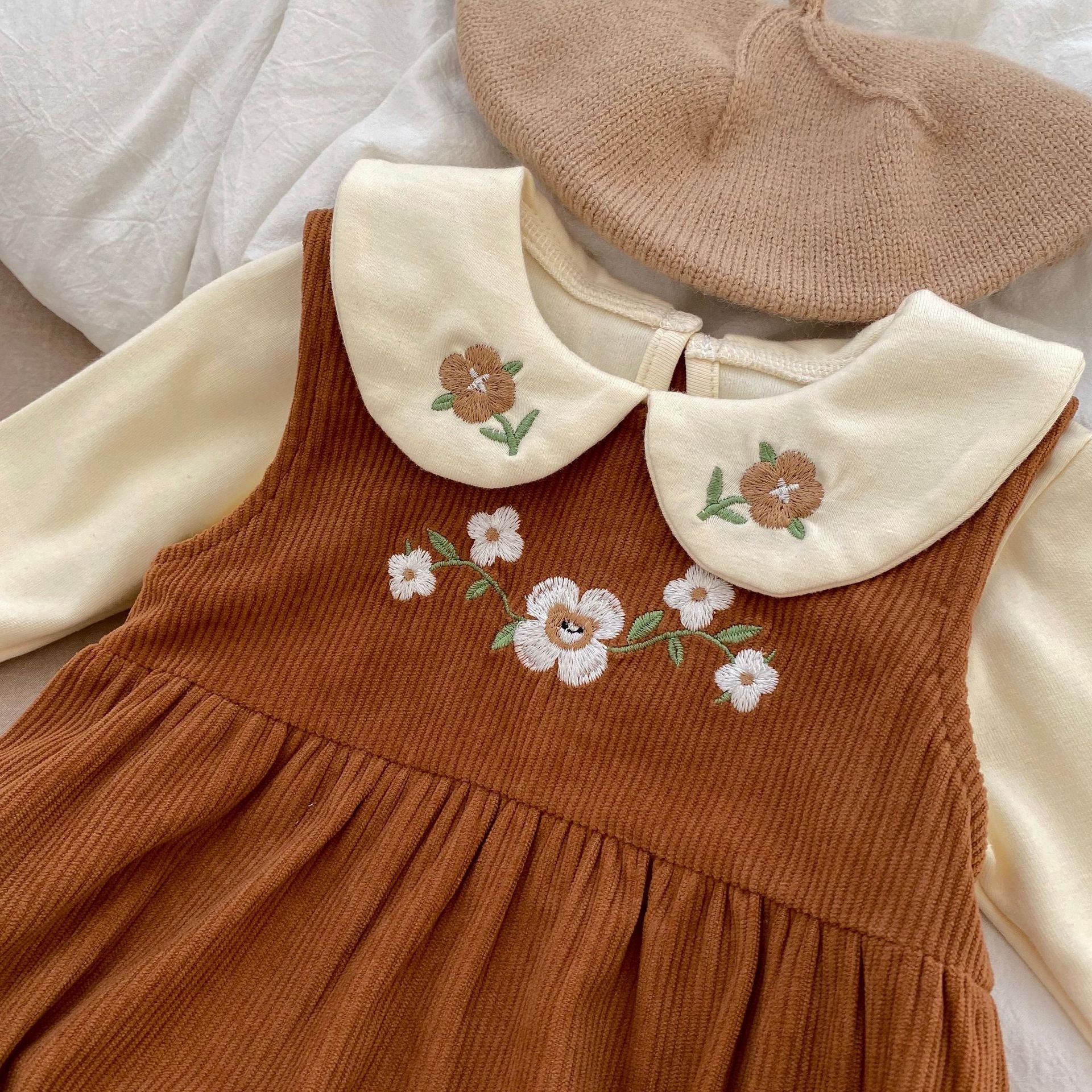 Autumn Infant Corduroy Embroidered Sleeveless Romper Baby Girl T-Shirt Set Baby Clothes