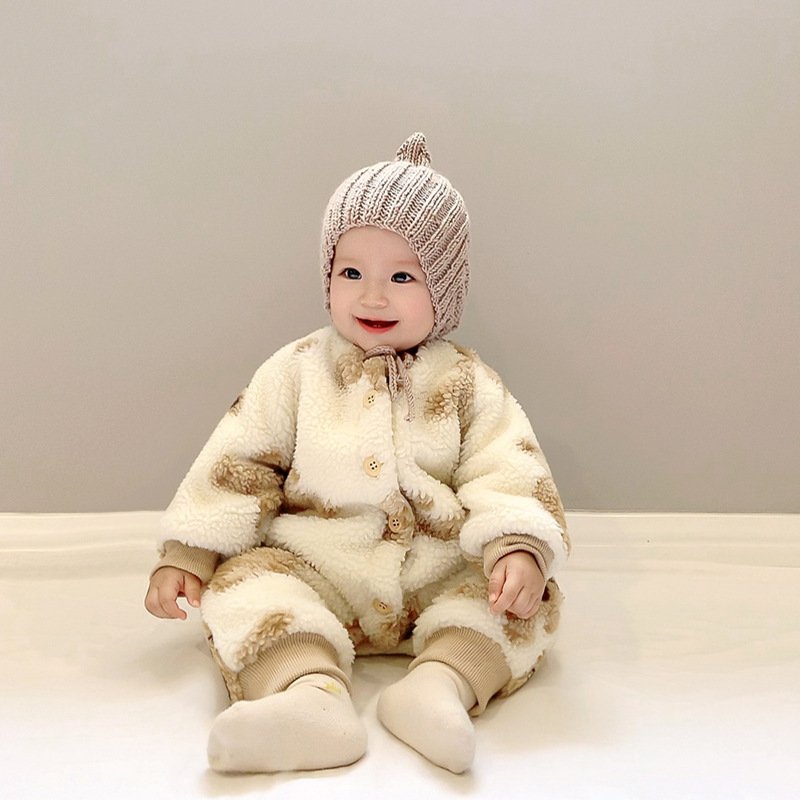 New printing cute bear baby rompers baby romper winter fleece with snap button