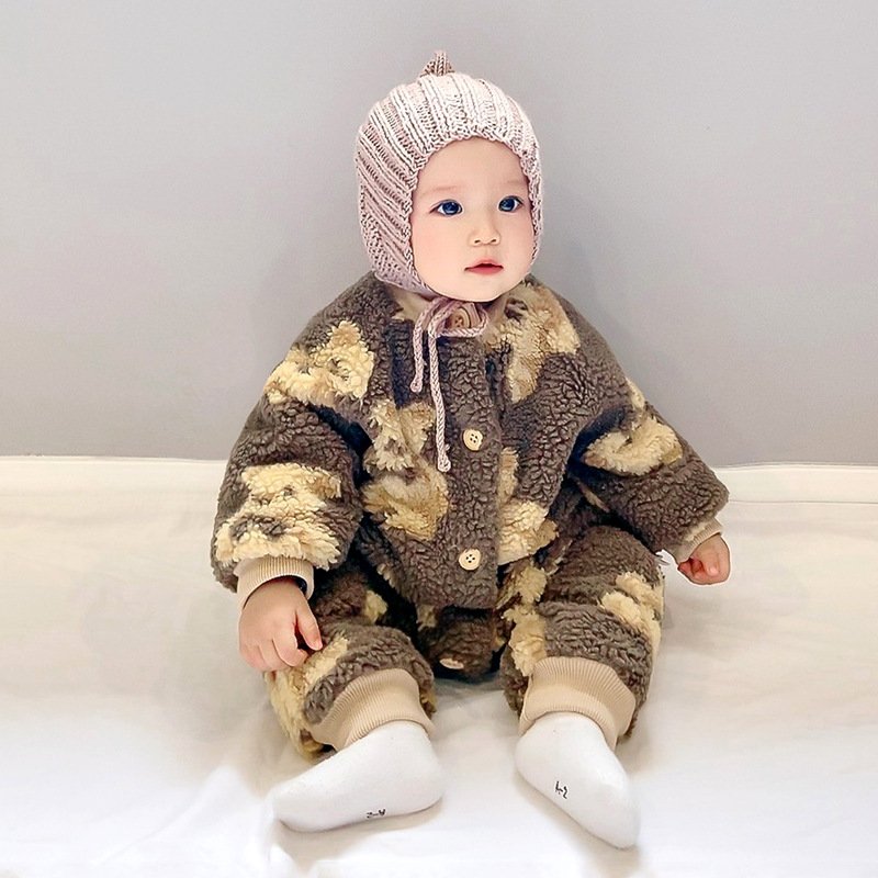 New printing cute bear baby rompers baby romper winter fleece with snap button