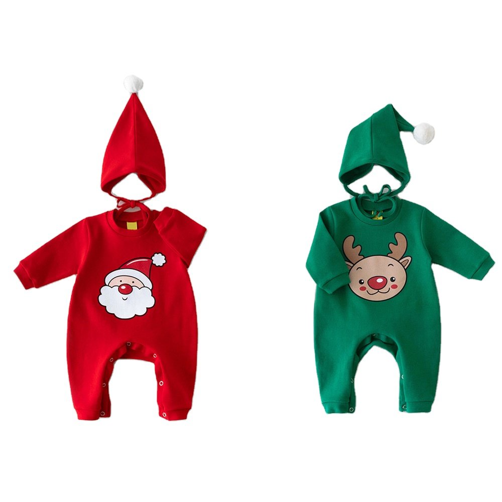 Christmas Onesie Baby Long Sleeve Romper Plus Fleece Thick Baby Cotton Romper Send Hat Baby Rompers