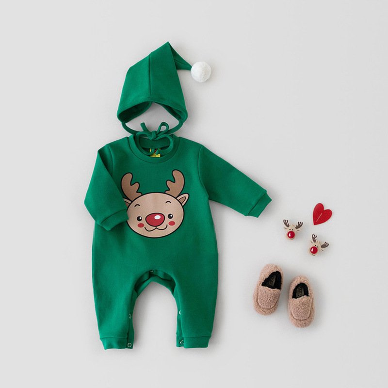 Christmas Onesie Baby Long Sleeve Romper Plus Fleece Thick Baby Cotton Romper Send Hat Baby Rompers